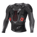 Alpinestars Bionic Plus V2 Protection Jacket, motorcross body armor, zwart en antracietgrijs met rode accenten, voorzien van een honingraatpatroon mesh borstbeschermer, gewatteerde schouders en ellebogen, ademend mesh-ontwerp voor off-road racen