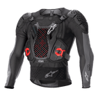 Alpinestars Bionic Plus V2 Protection Jacket, motorcross body armor, zwart en antracietgrijs met rode accenten, voorzien van een honingraatpatroon mesh borstbeschermer, gewatteerde schouders en ellebogen, ademend mesh-ontwerp voor off-road racen