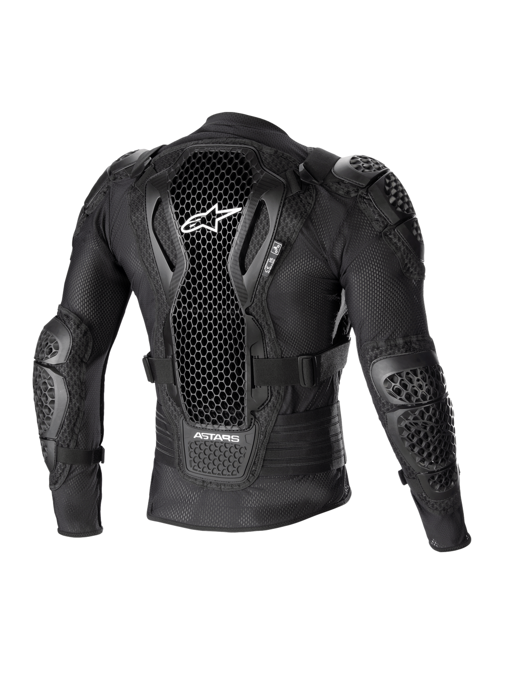 Alpinestars Bionic Action V2 beschermingsjack, achteraanzicht, zwart, voorzien van geperforeerde Cell Technology-rugbeschermer met wit logo, mesh-constructie met geïntegreerde schouder- en elleboogbescherming, ontworpen voor motorcross- en off-road-bescherming