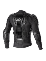 Alpinestars Bionic Action V2 beschermingsjack, achteraanzicht, zwart, voorzien van geperforeerde Cell Technology-rugbeschermer met wit logo, mesh-constructie met geïntegreerde schouder- en elleboogbescherming, ontworpen voor motorcross- en off-road-bescherming