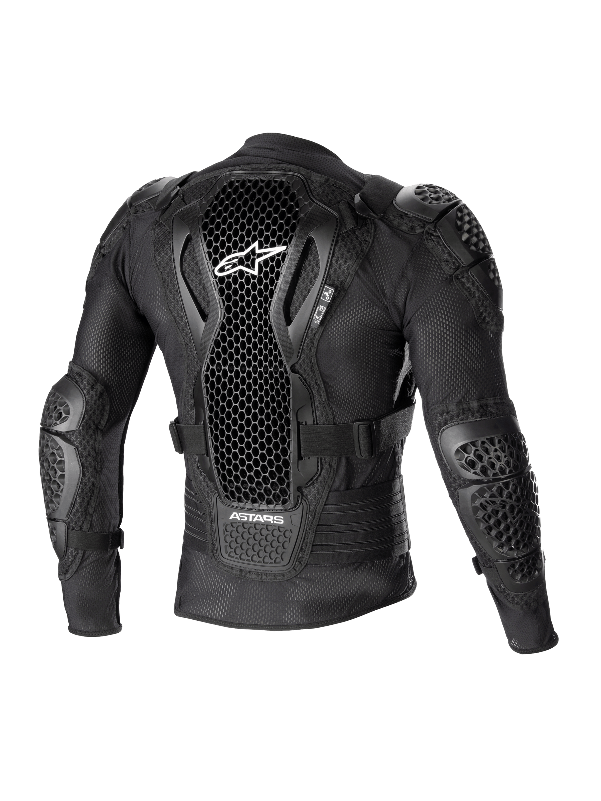 Alpinestars Bionic Action V2 beschermingsjack, achteraanzicht, zwart, voorzien van geperforeerde Cell Technology-rugbeschermer met wit logo, mesh-constructie met geïntegreerde schouder- en elleboogbescherming, ontworpen voor motorcross- en off-road-bescherming