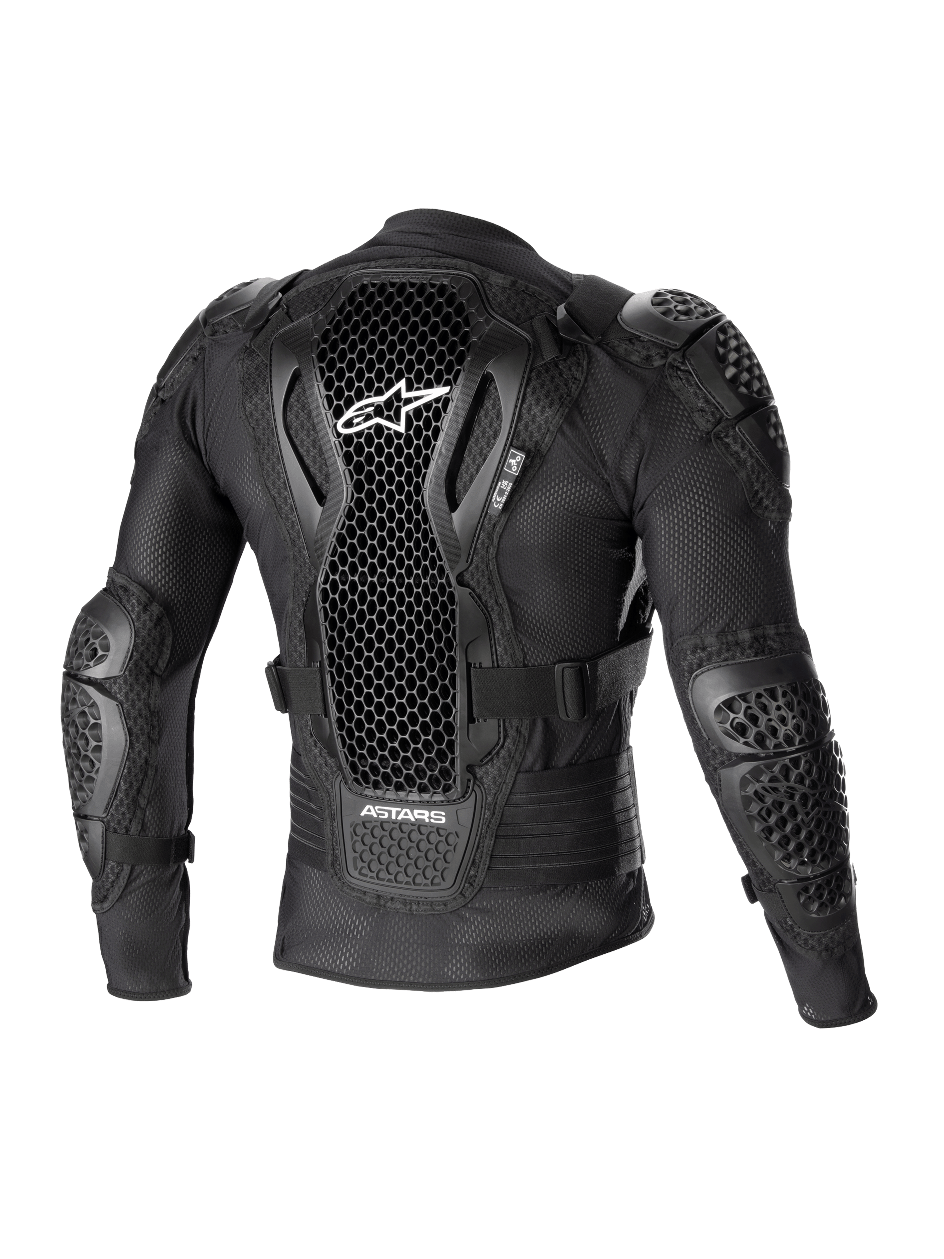 Alpinestars Bionic Action V2 beschermingsjack, achteraanzicht, zwart, voorzien van geperforeerde Cell Technology-rugbeschermer met wit logo, mesh-constructie met geïntegreerde schouder- en elleboogbescherming, ontworpen voor motorcross- en off-road-bescherming
