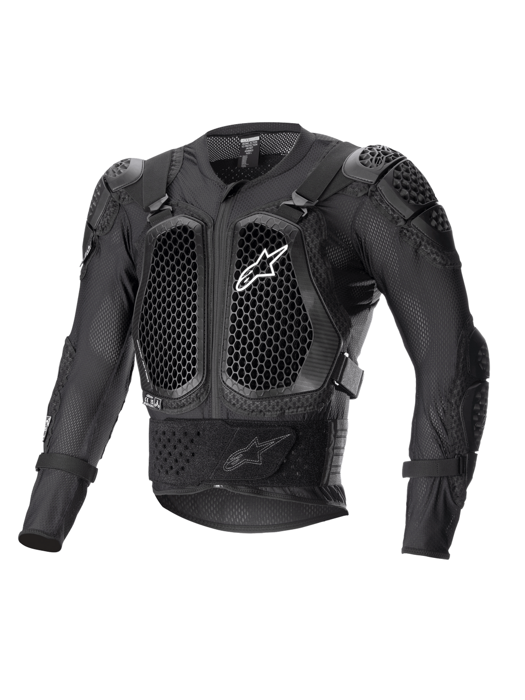 Alpinestars Bionic Action V2 Protection Jacket, zwart, voorzien van Cell Technology borst- en elleboogbeschermers met honingraatpatroon, ademende mesh-constructie, wit Alpinestars-logo op de borst, off-road motorbescherming