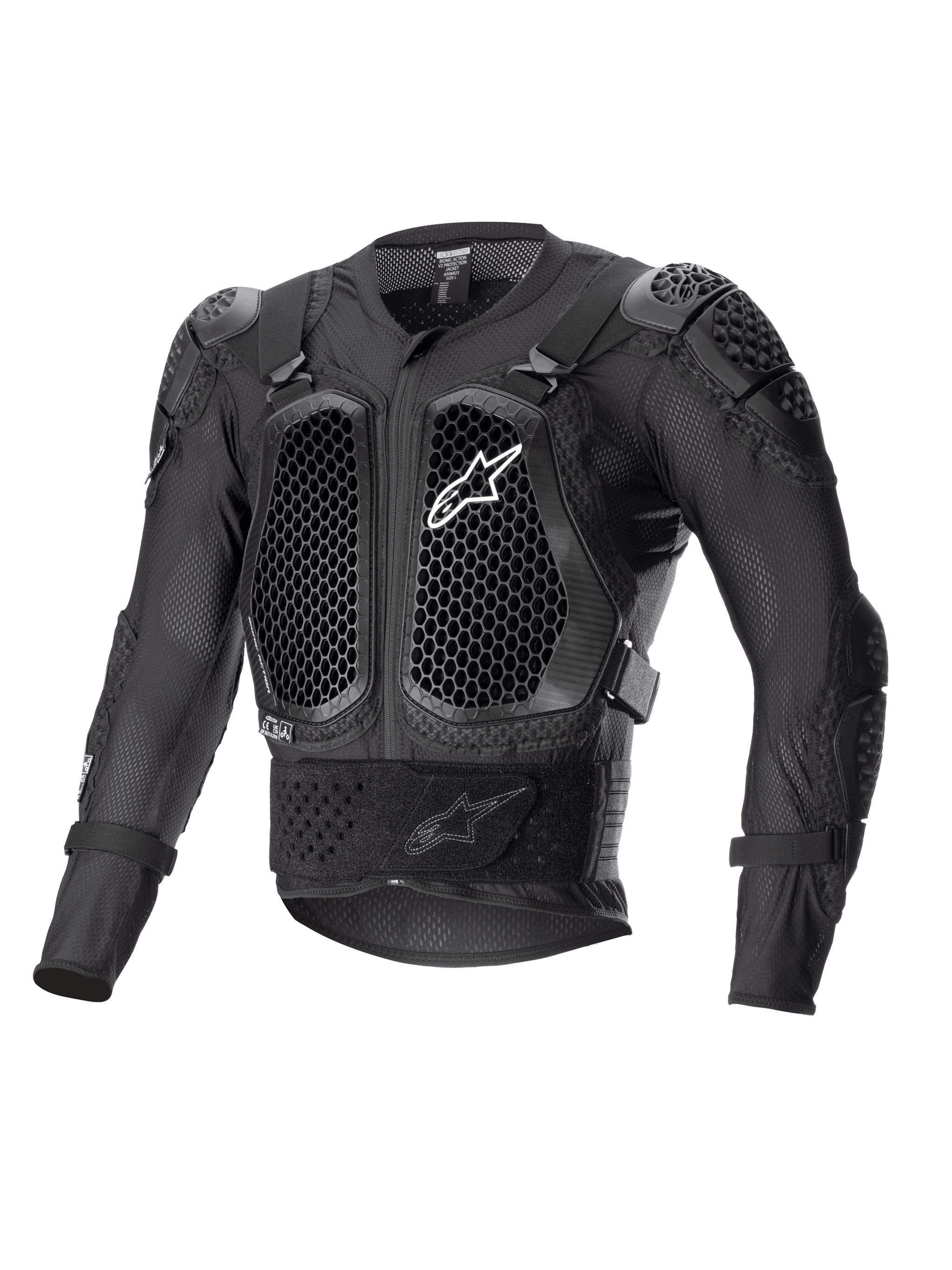 Alpinestars Bionic Action V2 Protection Jacket, zwart, voorzien van Cell Technology borst- en elleboogbeschermers met honingraatpatroon, ademende mesh-constructie, wit Alpinestars-logo op de borst, off-road motorbescherming