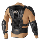 Alpinestars Bionic Action V2 Protection Jacket, Sand Black en Tangerine, achteraanzicht met de Cell Technology rugbeschermer met honingraatontwerp, geïntegreerde schouder- en elleboogbescherming en ademende zandkleurige mesh-constructie.