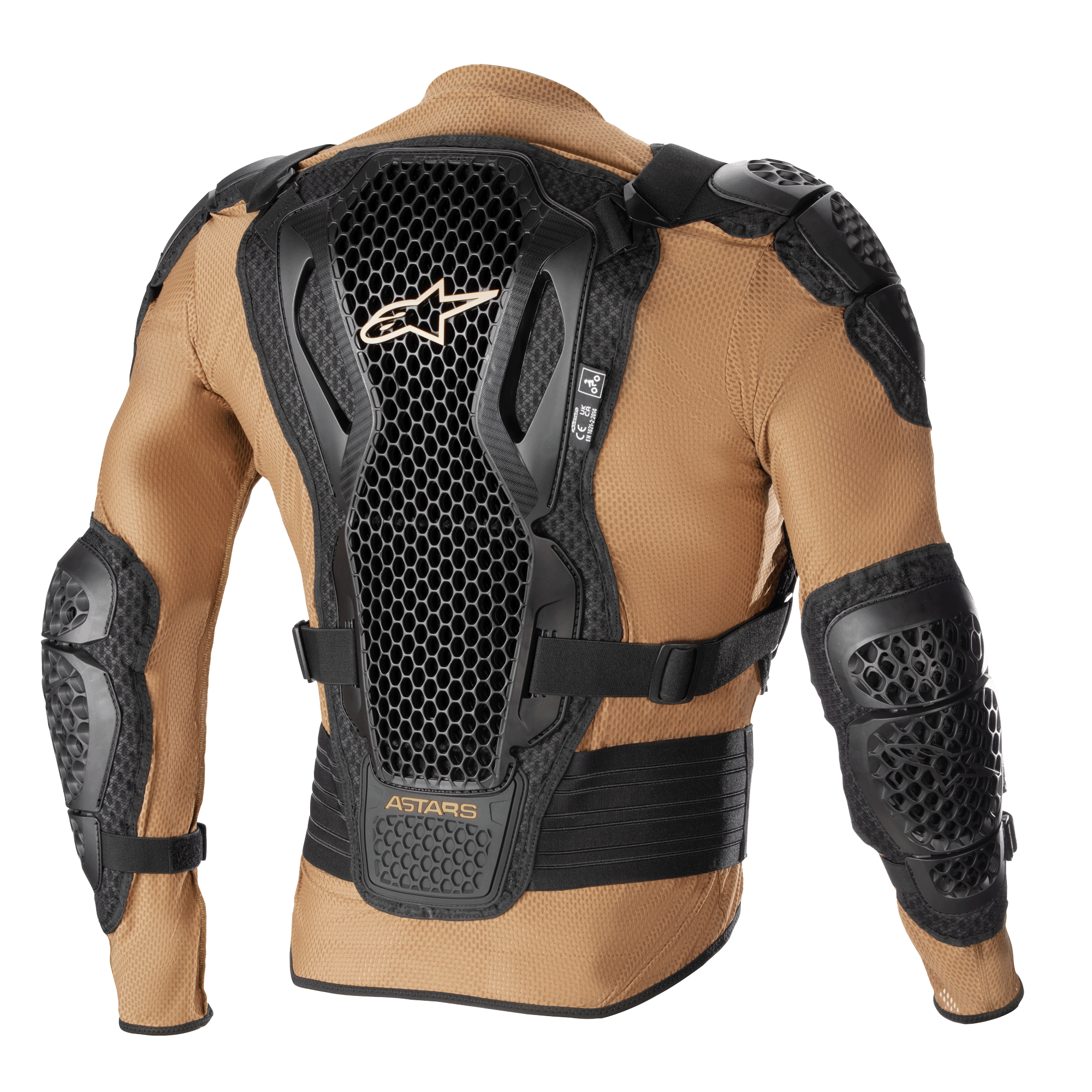 Alpinestars Bionic Action V2 Protection Jacket, Sand Black en Tangerine, achteraanzicht met de Cell Technology rugbeschermer met honingraatontwerp, geïntegreerde schouder- en elleboogbescherming en ademende zandkleurige mesh-constructie.