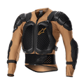 Alpinestars Bionic Action V2 beschermingsjas, motorfiets body armor, zandkleur en zwart met tangerine accenten, voorzien van Cell Technology borst- en schouderplaten met honingraatpatroon, ademende mesh-constructie, geïntegreerde tailleband en verstelbare banden, CE-gecertificeerd voor motorcross en off-road rijden