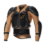 Alpinestars Bionic Action V2 beschermingsjas, motorfiets body armor, zandkleur en zwart met tangerine accenten, voorzien van Cell Technology borst- en schouderplaten met honingraatpatroon, ademende mesh-constructie, geïntegreerde tailleband en verstelbare banden, CE-gecertificeerd voor motorcross en off-road rijden
