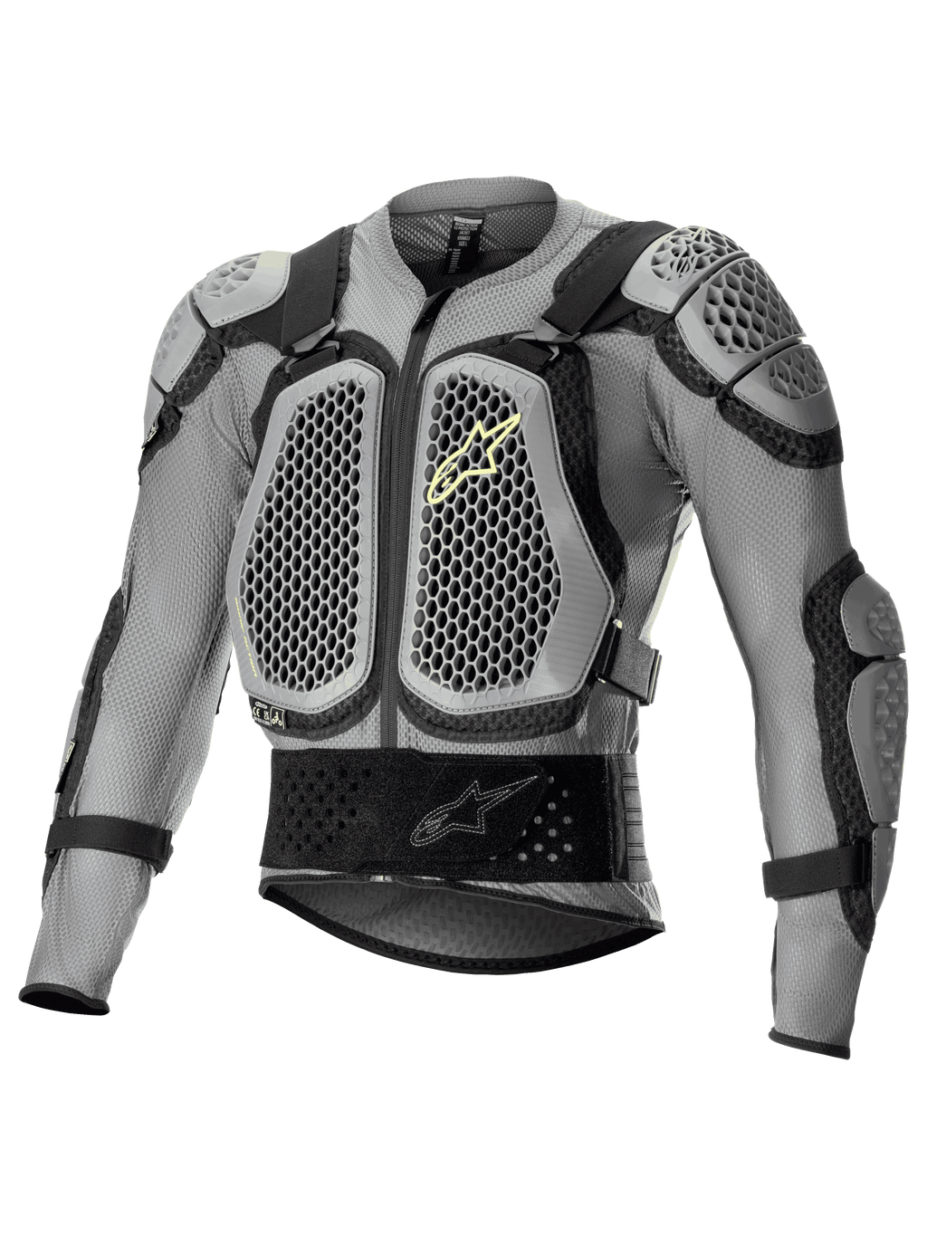 Alpinestars Bionic Action V2 beschermingsjas, off-road motorbodyprotector, grijs en zwart met fluogeel accenten, Cell Technology borst- en schouderbescherming met honingraatpatroon, ademende mesh-constructie, verstelbare riemen en tailleband voor motocross en enduro