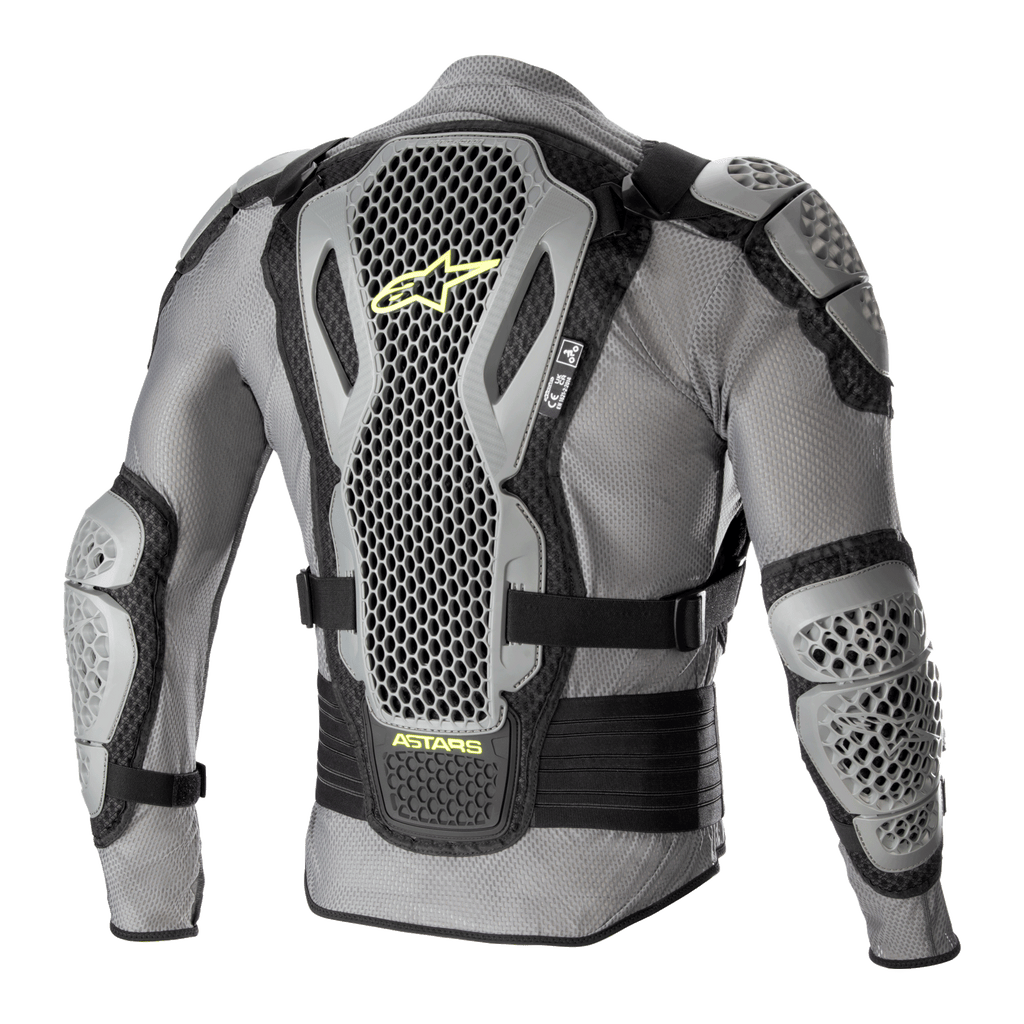 Alpinestars Bionic Action V2 Protection Jacket, achteraanzicht, grijs en zwart met fluogele accenten, voorzien van sterk geperforeerde Cell Technology rug-, schouder- en elleboogbeschermers, grijs mesh-chassis met zwarte verstelbare banden en gele Astars-branding
