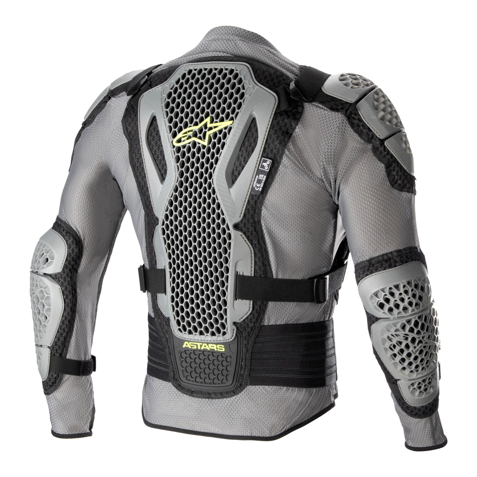 Alpinestars Bionic Action V2 Protection Jacket, achteraanzicht, grijs en zwart met fluogele accenten, voorzien van sterk geperforeerde Cell Technology rug-, schouder- en elleboogbeschermers, grijs mesh-chassis met zwarte verstelbare banden en gele Astars-branding