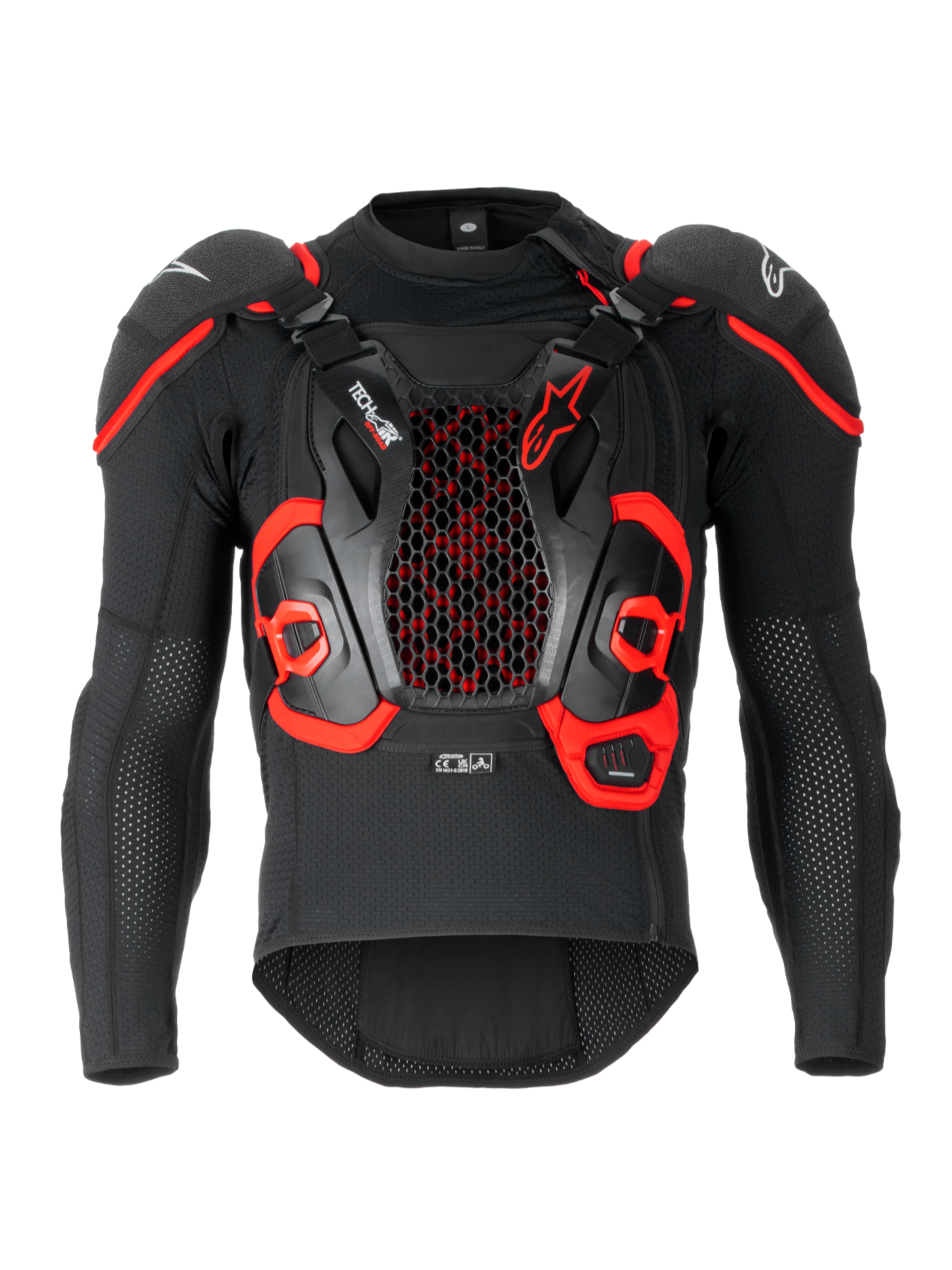 Alpinestars Tech-Air® Off-Road Systeem, off-road motorscooter airbagsysteem, zwart en rood, textielconstructie met geïntegreerde Nucleon CELL borst- en rugbescherming