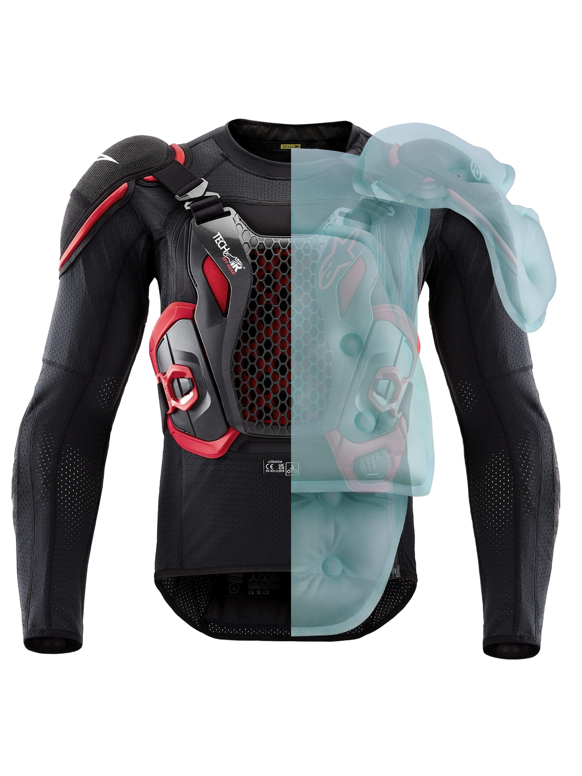 Alpinestars Tech-Air® Off-Road Systeem, FIM-gehomologeerd enduro en rally motorairbag-beschermingsjas, zwart en rood, met actieve airbagdekking aan één kant
