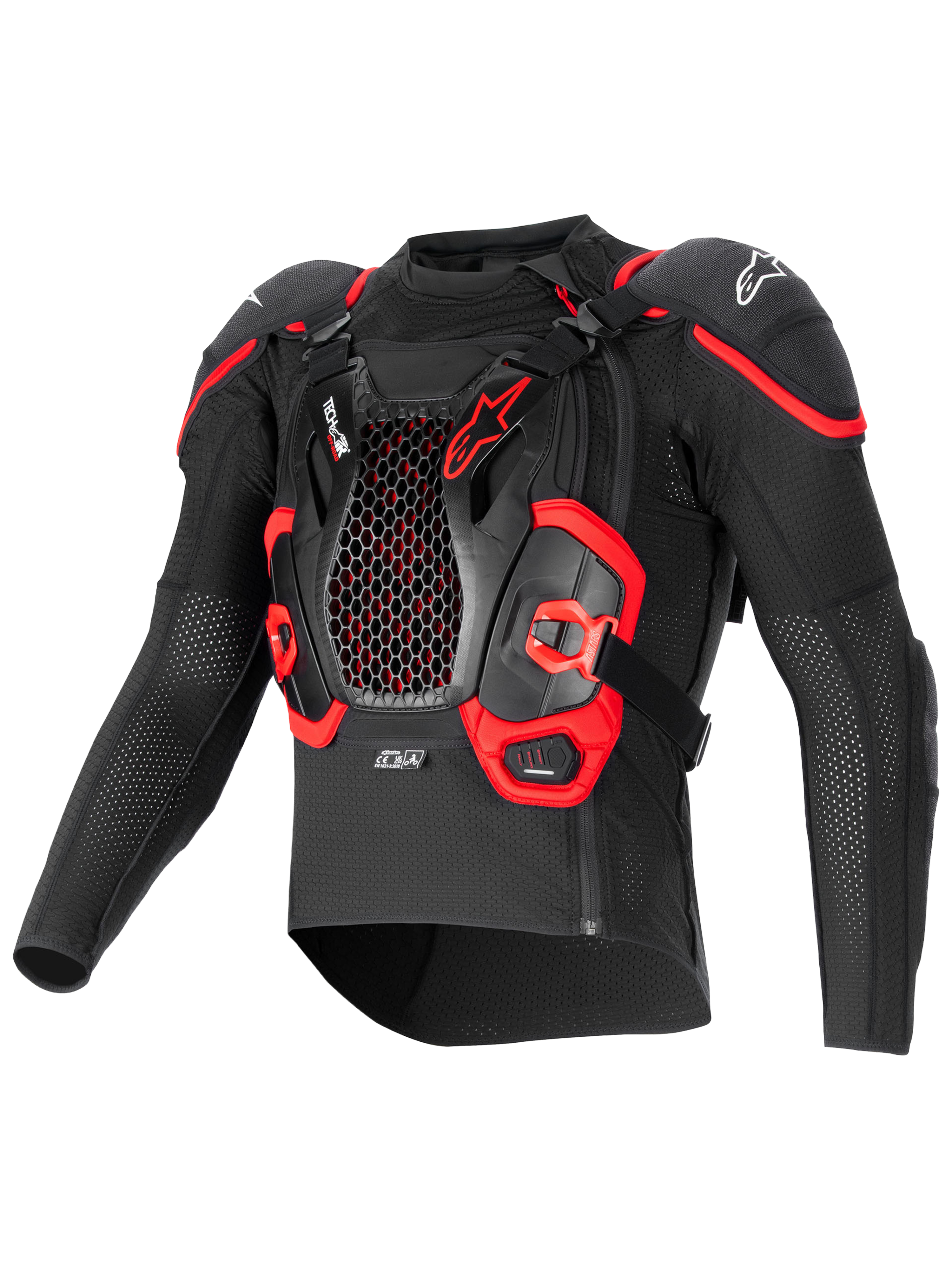 Alpinestars Tech-Air Off-Road System, motorcycle off-road airbag and protection jacket, Black and Red, textile construction with integrated Nucleon CELL chest and back protection