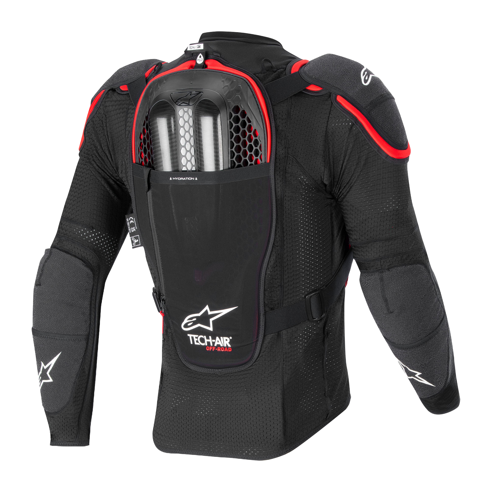 Tech-Air Off-Road Systeem, achteraanzicht, zwarte en rode mesh beschermjas met rugbeschermer en dubbele gasinflators.