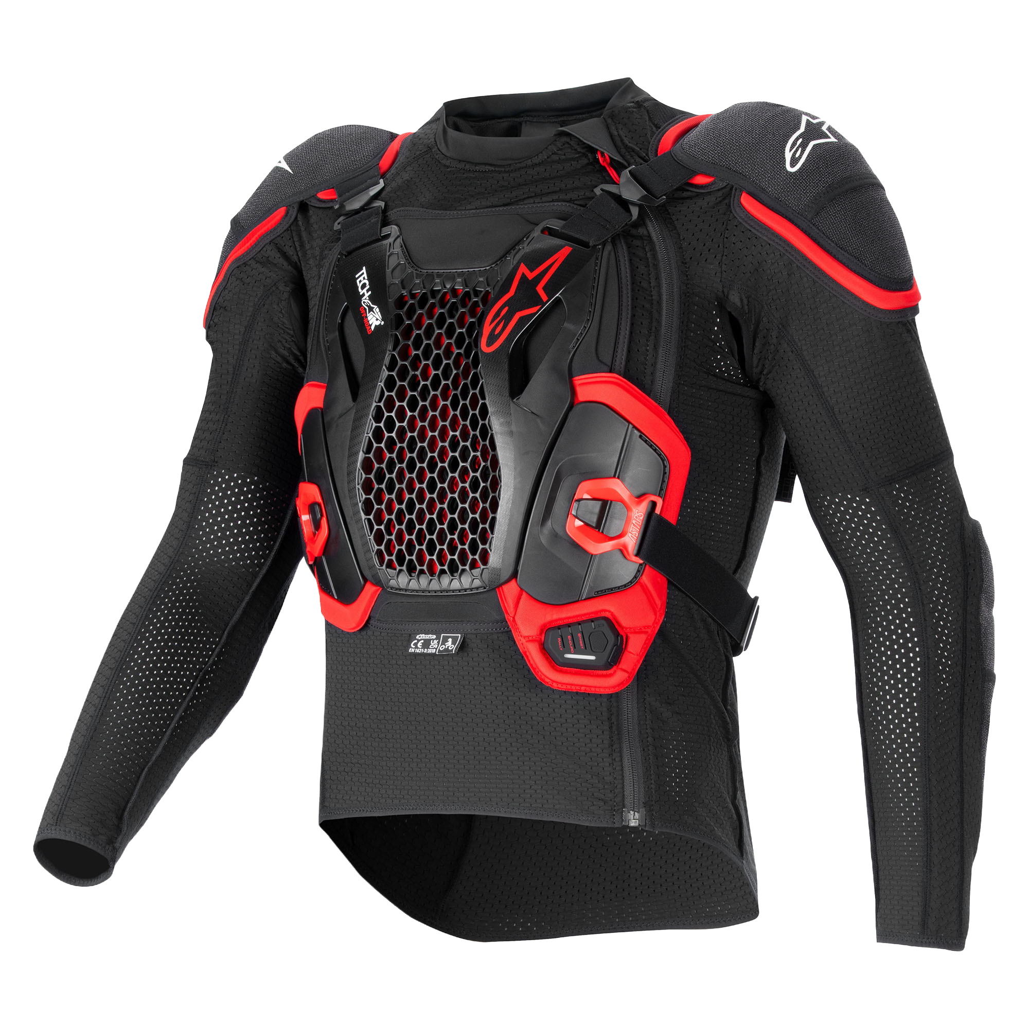 Tech-Air® Off-Road Systeem, zwart-rood motor-airbagjack met honingraat borstbeschermer en ademend mesh.