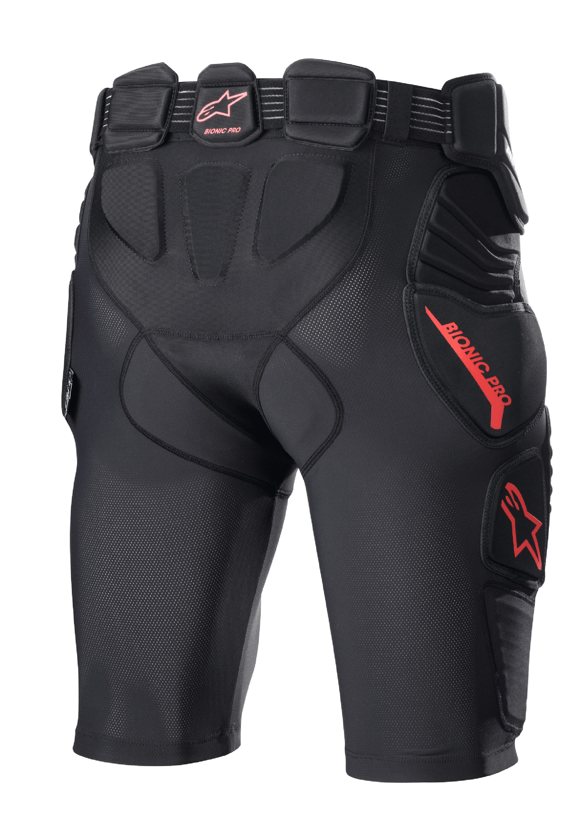 Alpinestars Bionic Pro Protection Shorts, motorcross beschermshort, zwart en rood, achteraanzicht met geïntegreerde heup- en dijbeenvulling, ademende mesh-constructie, rood Alpinestars-logo en branding, beschermende basislaag voor off-road rijden