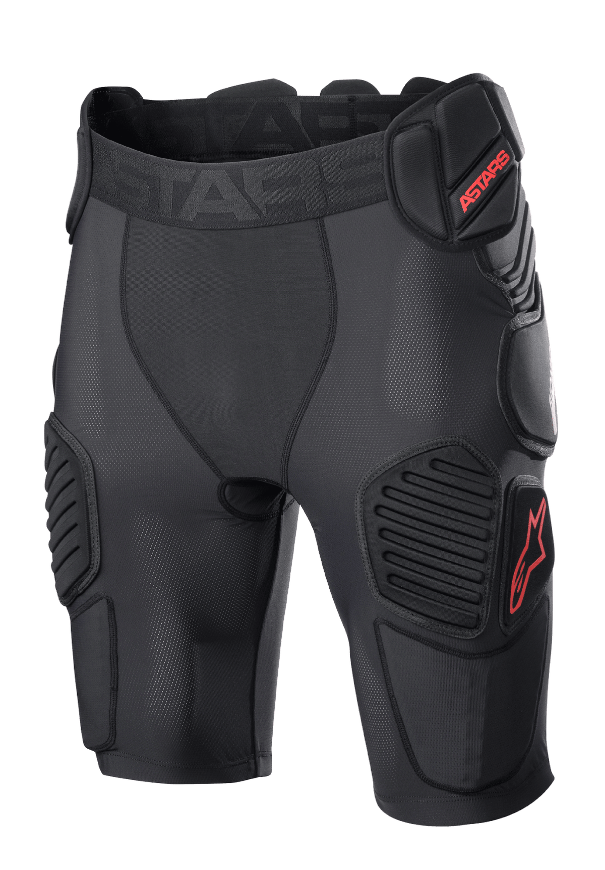 Alpinestars Bionic Pro Protection Shorts, beschermende motorcross short, zwart met rood, voorzien van gewatteerde heup- en dijbescherming, ademende mesh-mouw, elastische tailleband met rood ASTARS-logo, technisch ontwerp voor off-road impactbescherming