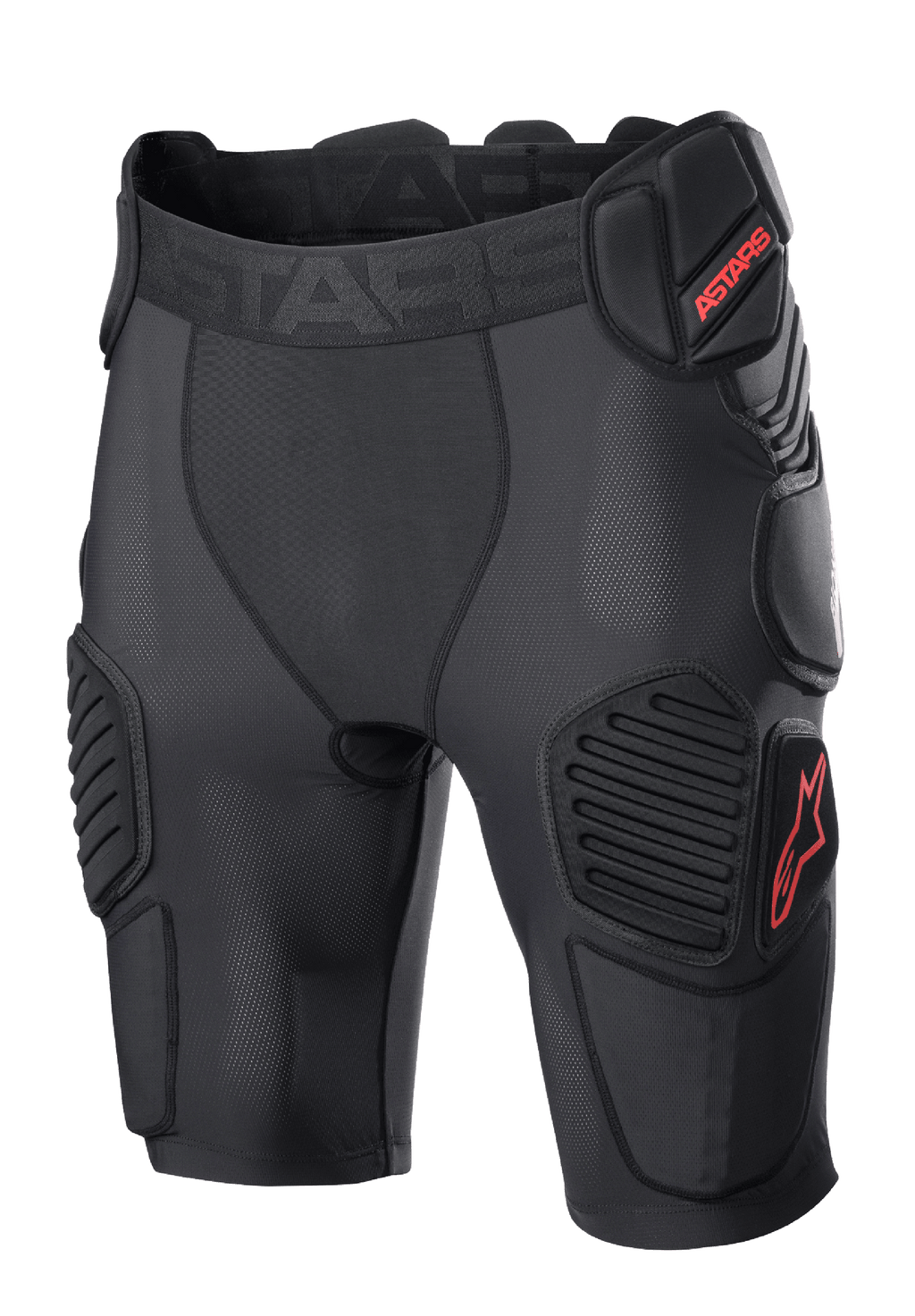 Alpinestars Bionic Pro Protection Shorts, beschermende motorcross short, zwart met rood, voorzien van gewatteerde heup- en dijbescherming, ademende mesh-mouw, elastische tailleband met rood ASTARS-logo, technisch ontwerp voor off-road impactbescherming