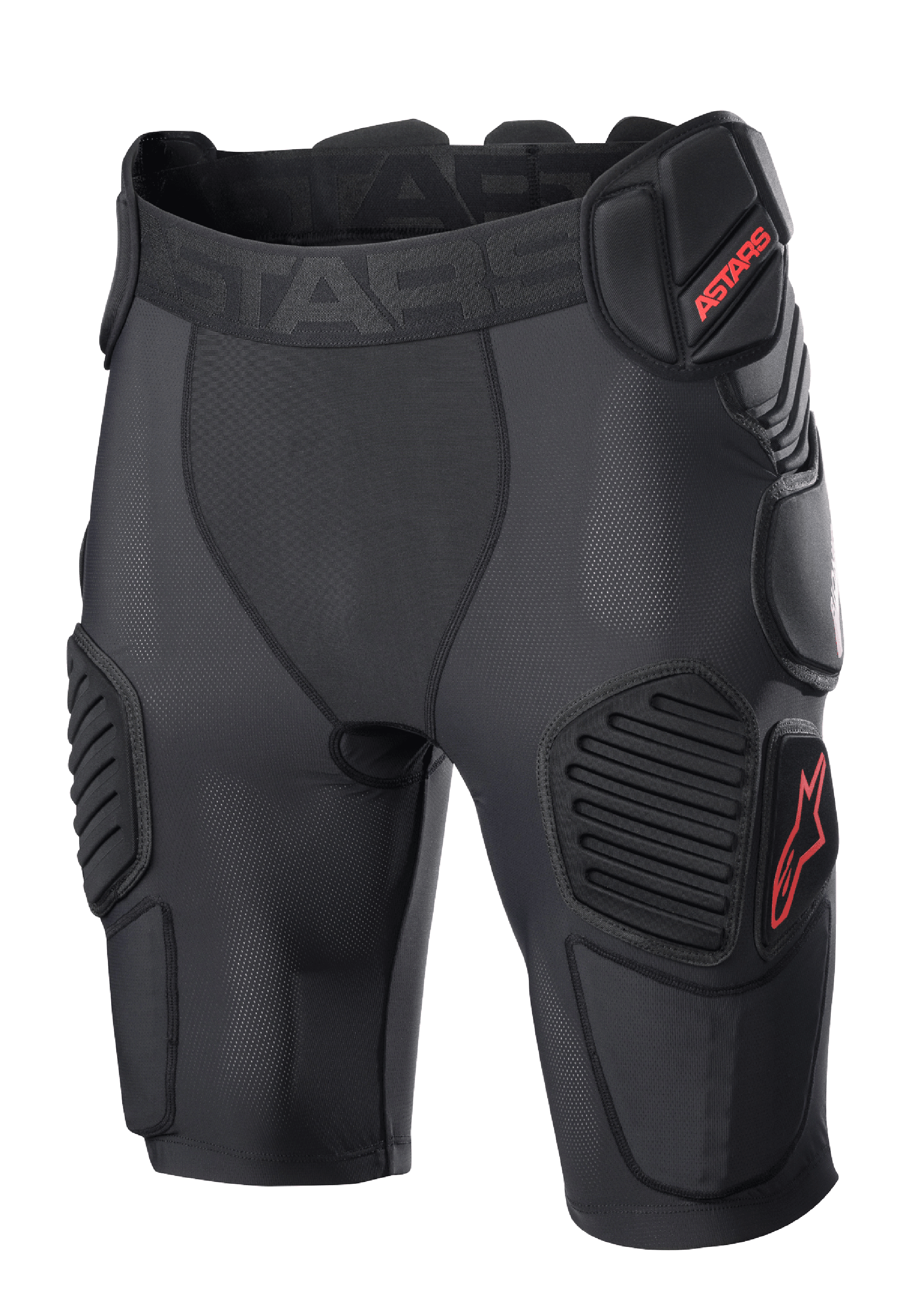 Alpinestars Bionic Pro Protection Shorts, beschermende motorcross short, zwart met rood, voorzien van gewatteerde heup- en dijbescherming, ademende mesh-mouw, elastische tailleband met rood ASTARS-logo, technisch ontwerp voor off-road impactbescherming
