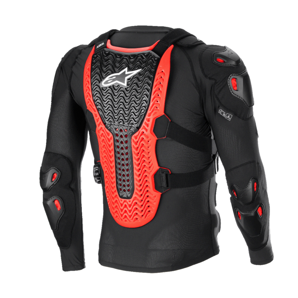 Alpinestars Bionic XTR Plasma Beschermingsjas, zwart, rood en wit, achteraanzicht met de grote geribbelde Nucleon PLASMA rugbeschermer, schouder- en elleboogpadding, zwarte mesh-constructie voor off-road motorcross bescherming
