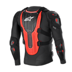Alpinestars Bionic XTR Plasma Beschermingsjas, zwart, rood en wit, achteraanzicht met de grote geribbelde Nucleon PLASMA rugbeschermer, schouder- en elleboogpadding, zwarte mesh-constructie voor off-road motorcross bescherming