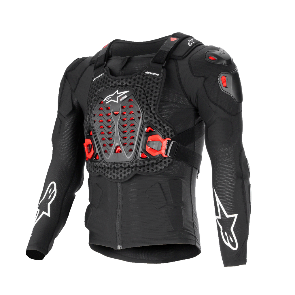 Alpinestars Bionic XTR Plasma beschermingsjas, zwart met rode en witte accenten, body armor voor motorrijders, ademend chassis met mesh-textuur, geventileerde borstplaat met rode Nucleon PLASMA-inzetstukken, witte sterlogo's op de mouwen, verstelbare gespen aan de zijkant, high-impact off-road uitrusting
