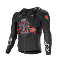 Alpinestars Bionic XTR Plasma beschermingsjas, zwart met rode en witte accenten, body armor voor motorrijders, ademend chassis met mesh-textuur, geventileerde borstplaat met rode Nucleon PLASMA-inzetstukken, witte sterlogo's op de mouwen, verstelbare gespen aan de zijkant, high-impact off-road uitrusting