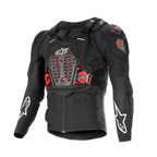 Alpinestars Bionic XTR Plasma beschermingsjas, zwart met rode en witte accenten, body armor voor motorrijders, ademend chassis met mesh-textuur, geventileerde borstplaat met rode Nucleon PLASMA-inzetstukken, witte sterlogo's op de mouwen, verstelbare gespen aan de zijkant, high-impact off-road uitrusting