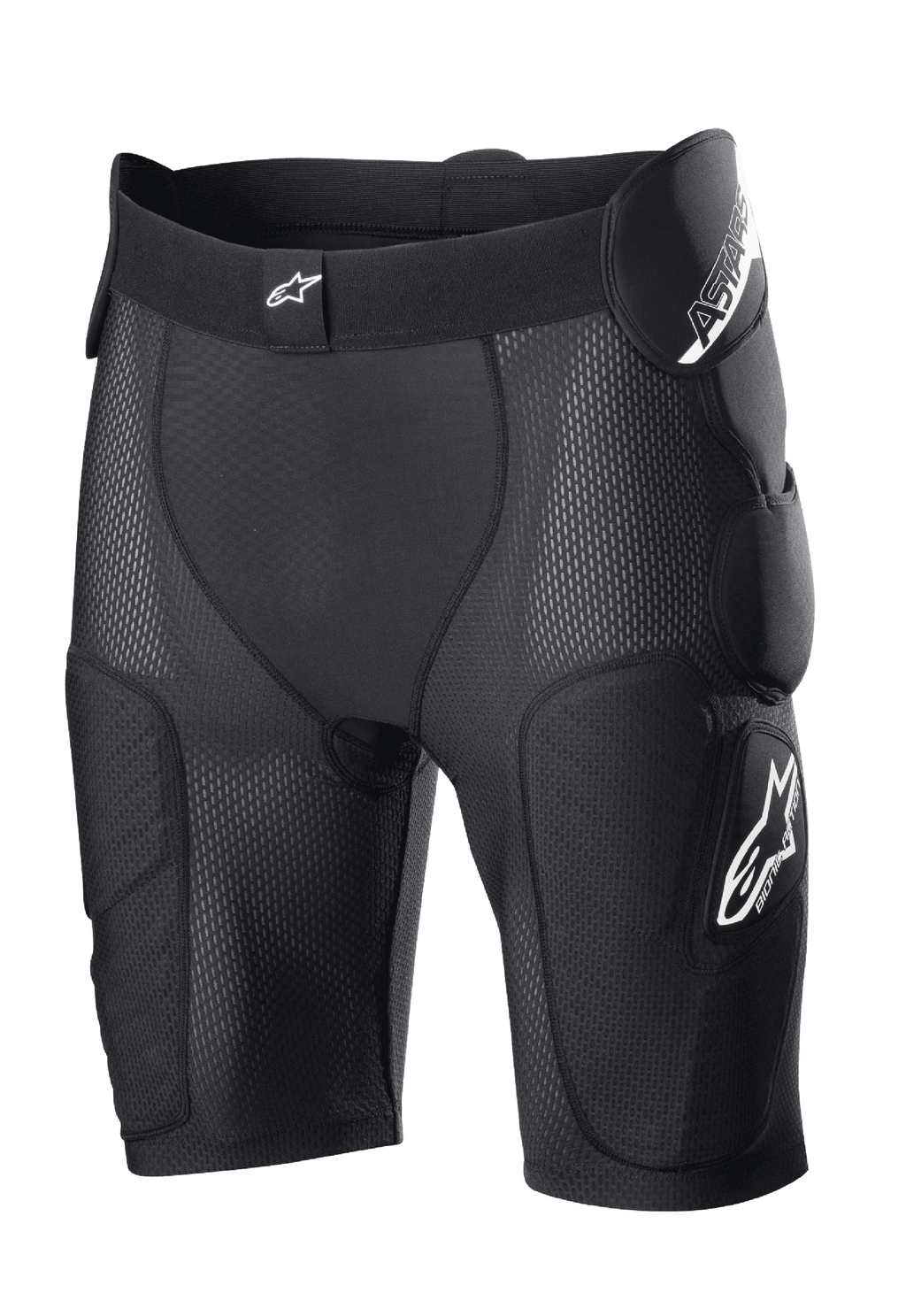 Alpinestars Bionic Action beschermingsshort, zwart, met geïntegreerde heup- en dijpadding, ademende mesh-constructie, elastische tailleband met wit logo, motorcross en off-road beschermende uitrusting