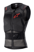 Alpinestars Nucleon Flex Pro Protection Vest, black sleeveless motorcycle body armor, perforated mesh chassis for airflow, red Alpinestars logo on chest and red text on shoulders, adjustable elasticated waist belt, front zipper, CE Level 2 certified back and chest protection
