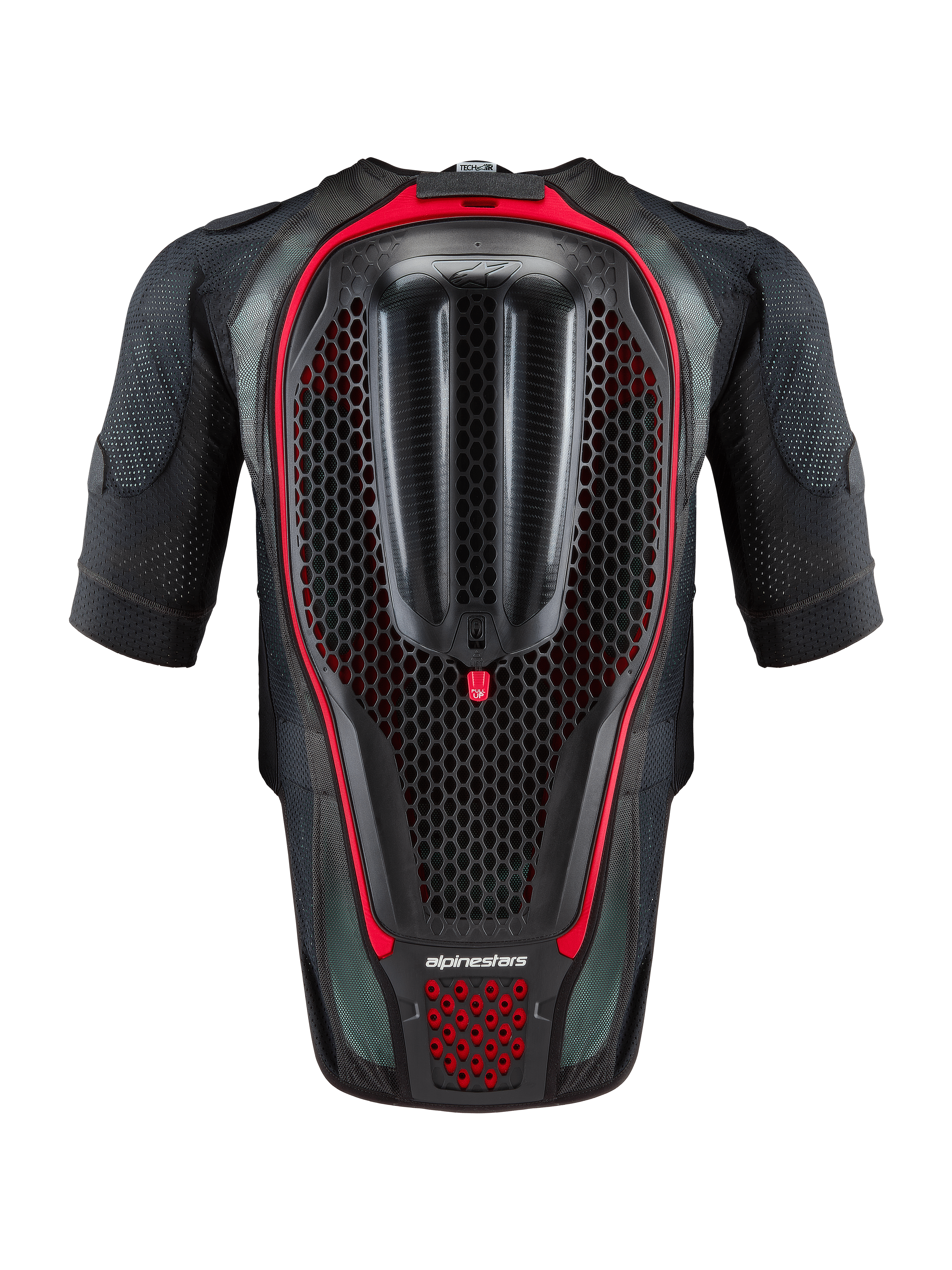 Alpinestars Tech-Air® 7X-systeem, autonoom motorairbagvest, zwart en rood, achteraanzicht met de geïntegreerde honingraat rugprotector en geventileerde mesh-constructie voor rijden op het circuit en de weg.