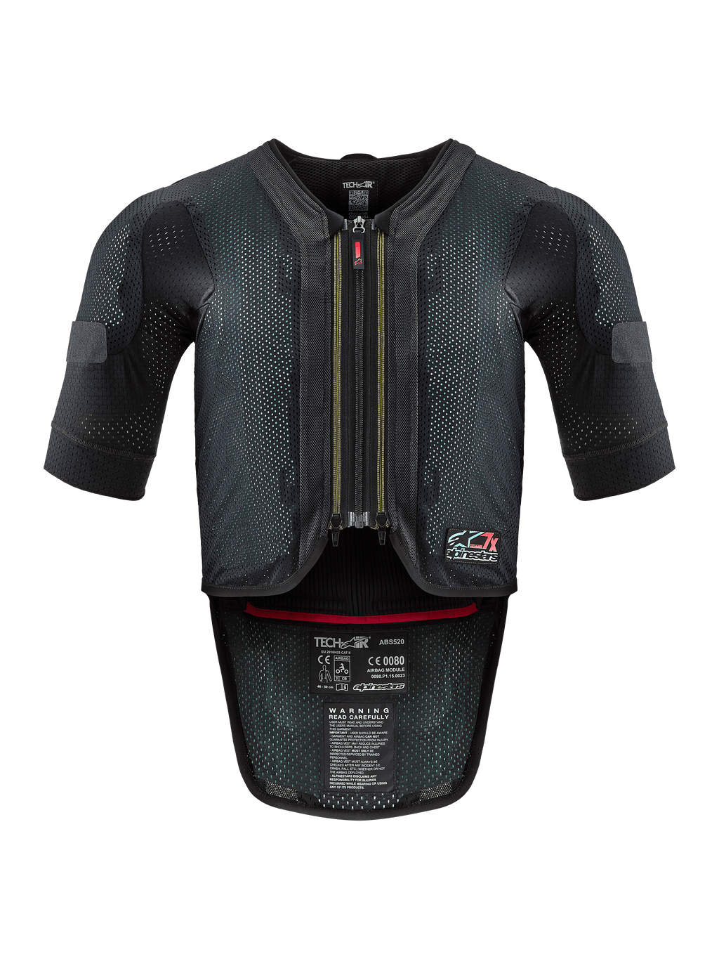 Alpinestars Tech-Air® 7X Systeem, motor airbagvest, zwart en rood, vooraanzicht met een geventileerd mesh-chassis, centrale rits met rode trekker en interne certificeringslabels, hoogwaardige bescherming voor rijden op het circuit en op de weg