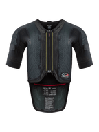 Alpinestars Tech-Air® 7X Systeem, motor airbagvest, zwart en rood, vooraanzicht met een geventileerd mesh-chassis, centrale rits met rode trekker en interne certificeringslabels, hoogwaardige bescherming voor rijden op het circuit en op de weg