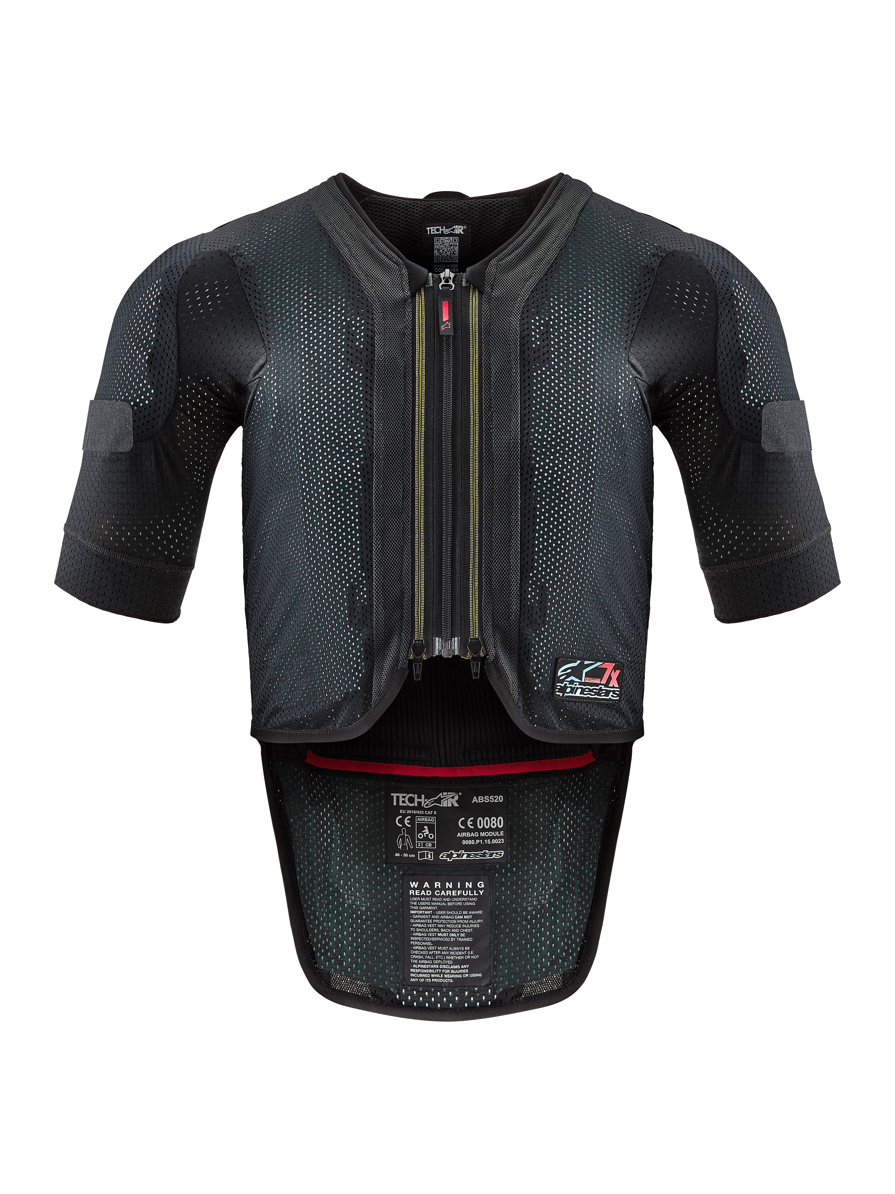 Alpinestars Tech-Air® 7X Systeem, motor airbagvest, zwart en rood, vooraanzicht met een geventileerd mesh-chassis, centrale rits met rode trekker en interne certificeringslabels, hoogwaardige bescherming voor rijden op het circuit en op de weg