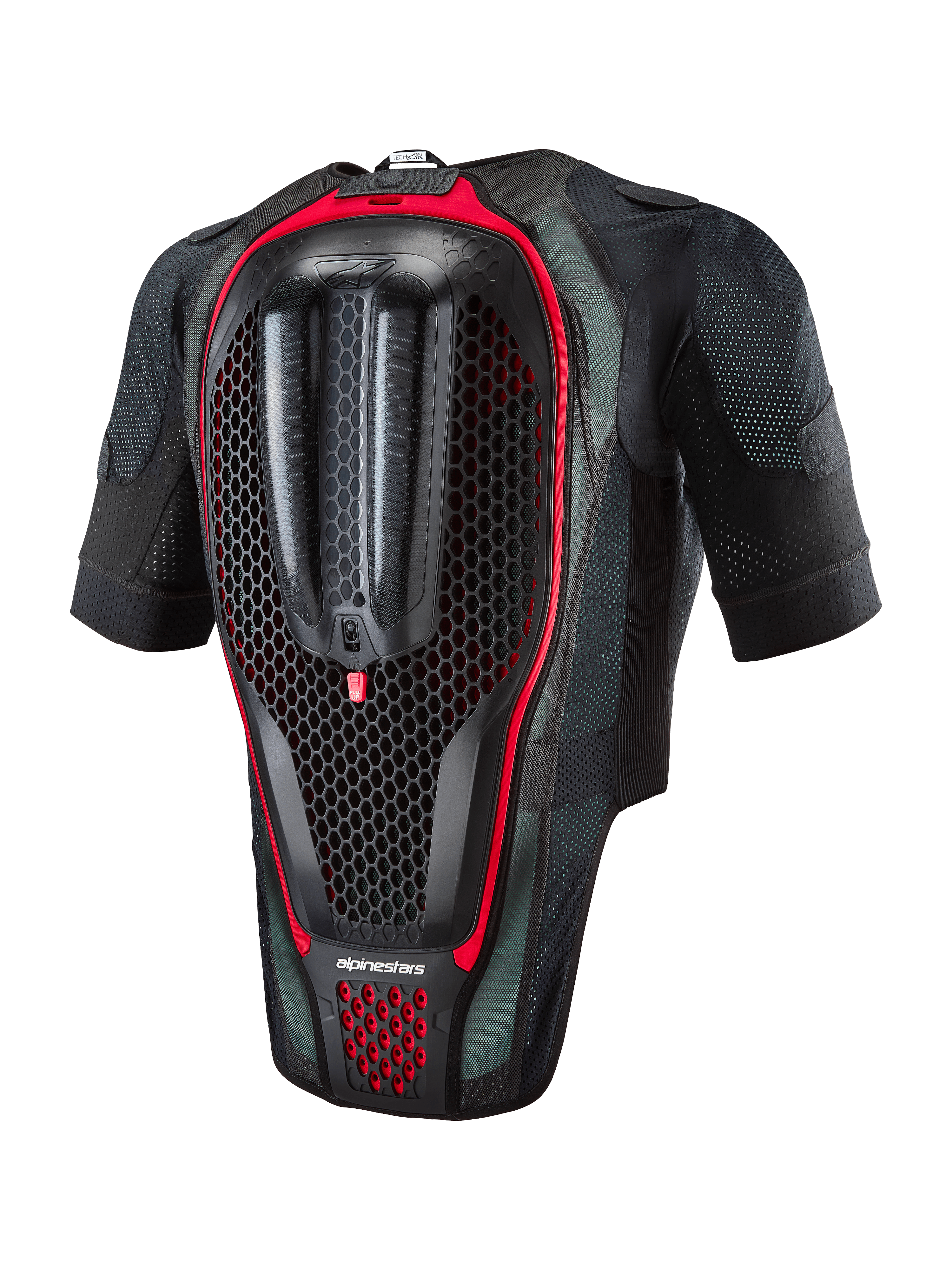 Alpinestars Tech-Air® 7X Systeem, motor airbagvest, achteraanzicht met de geïntegreerde rugprotector met honingraatstructuur, zwart mesh-materiaal met rode accenten, ergonomische veiligheidsuitrusting voor wegrace en circuitdagen