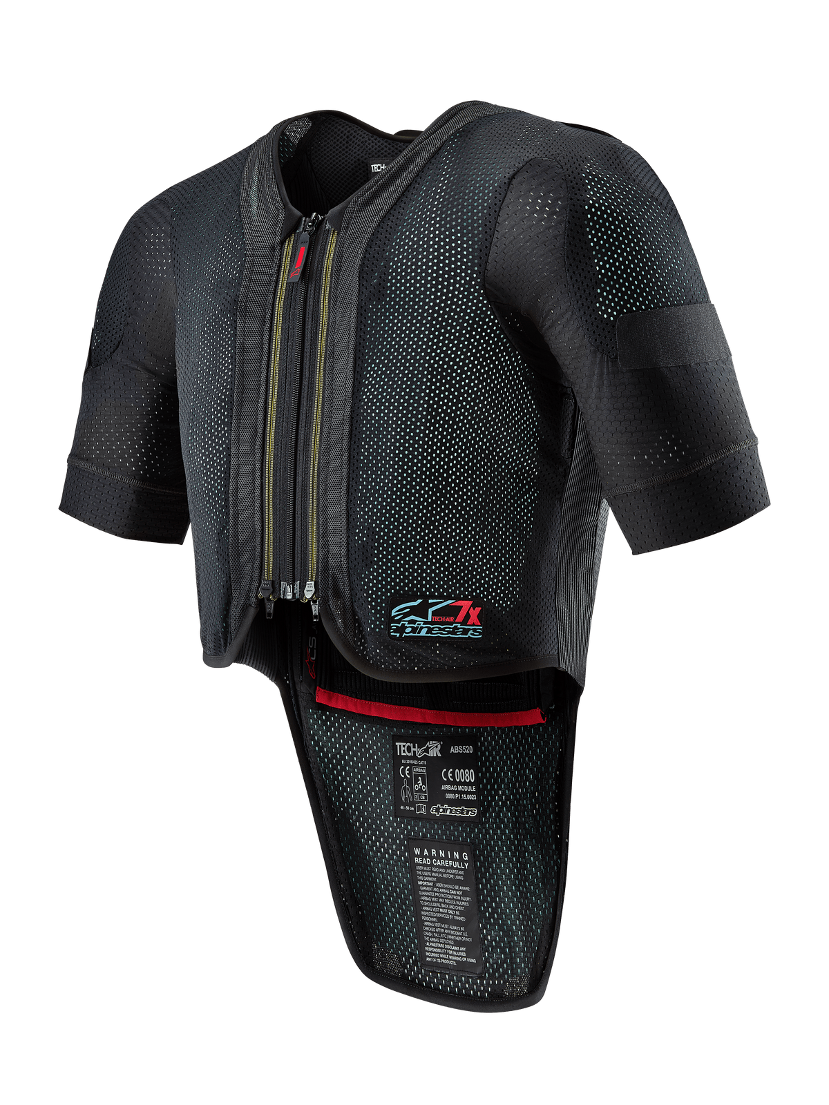 Alpinestars Tech-Air 7X System, motorairbagvest, zwart, voorzien van een ritssluiting aan de voorzijde, geventileerd mesh-chassis met gestippelde textuur, korte mouwen, verlengde rugprotector, rode binnenafwerking en Tech-Air 7X-logo op de borst, ontworpen voor wegracen en circuitprestaties