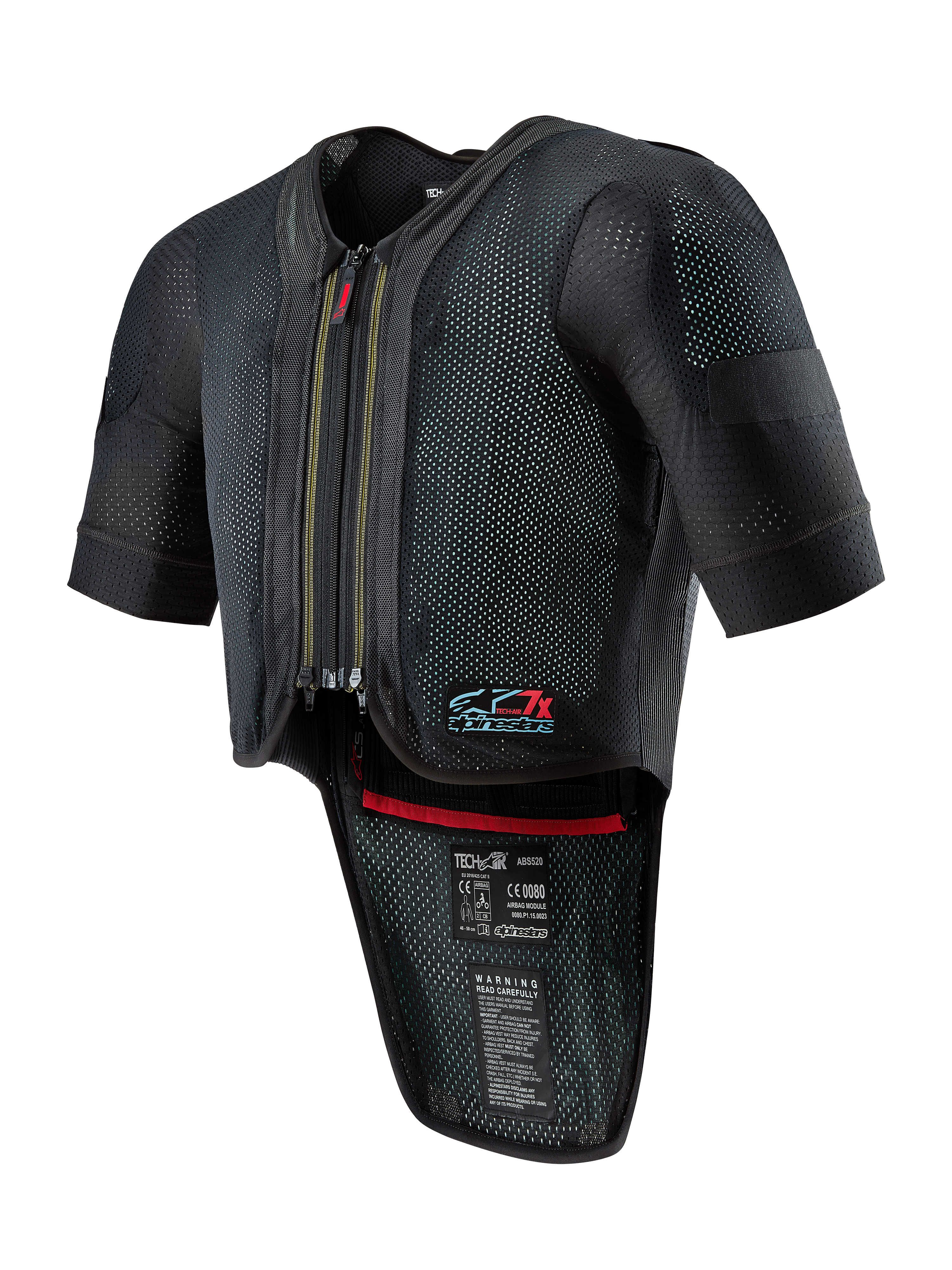 Alpinestars Tech-Air 7X System, motorairbagvest, zwart, voorzien van een ritssluiting aan de voorzijde, geventileerd mesh-chassis met gestippelde textuur, korte mouwen, verlengde rugprotector, rode binnenafwerking en Tech-Air 7X-logo op de borst, ontworpen voor wegracen en circuitprestaties