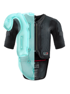Alpinestars Tech-Air® 7X Systeem, autonoom motorairbagvest, zwart mesh chassis met een lichtblauwe doorschijnende visualisatie van de interne airbag, technische beschermende uitrusting met korte mouwen en geïntegreerde rugprotector