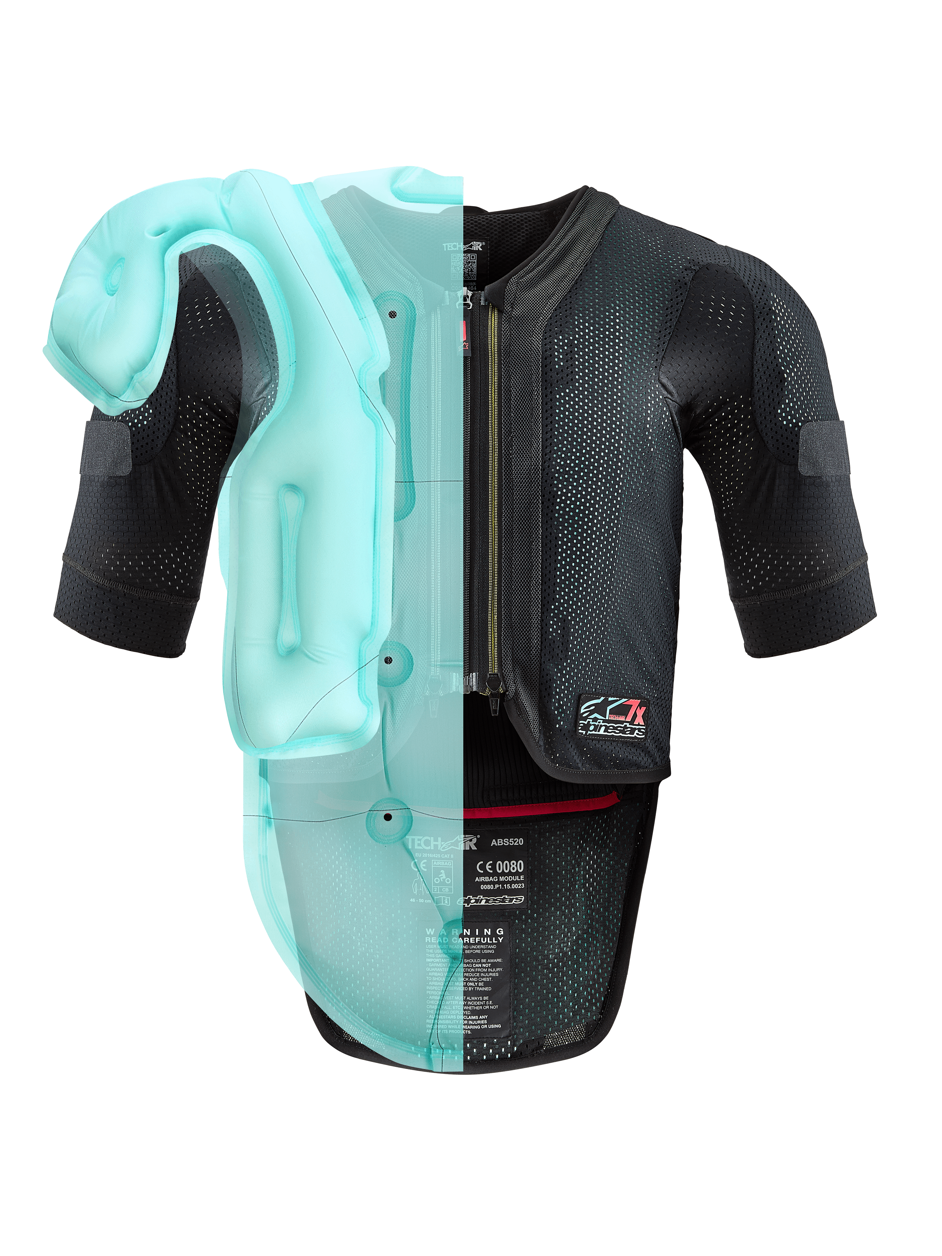 Alpinestars Tech-Air® 7X Systeem, autonoom motorairbagvest, zwart mesh chassis met een lichtblauwe doorschijnende visualisatie van de interne airbag, technische beschermende uitrusting met korte mouwen en geïntegreerde rugprotector