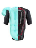 Alpinestars Tech-Air® 7X Systeem, motor airbagvest, zwart en rood, achteraanzicht met een gesplitste weergave van de lichtblauwe opgeblazen airbag en de interne honingraat rugprotector, hoogwaardige bescherming voor circuit en straat