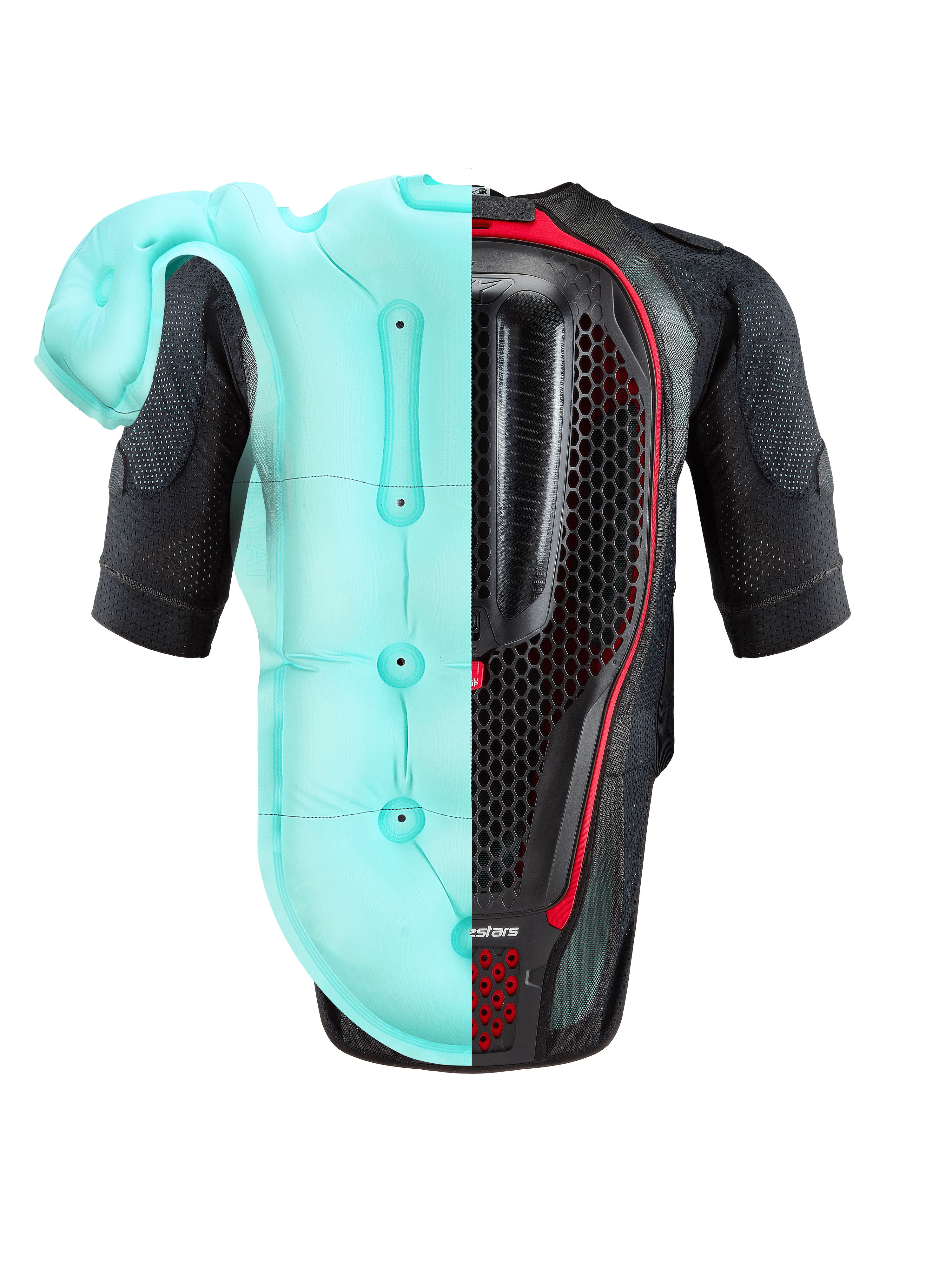 Alpinestars Tech-Air® 7X Systeem, motor airbagvest, zwart en rood, achteraanzicht met een gesplitste weergave van de lichtblauwe opgeblazen airbag en de interne honingraat rugprotector, hoogwaardige bescherming voor circuit en straat