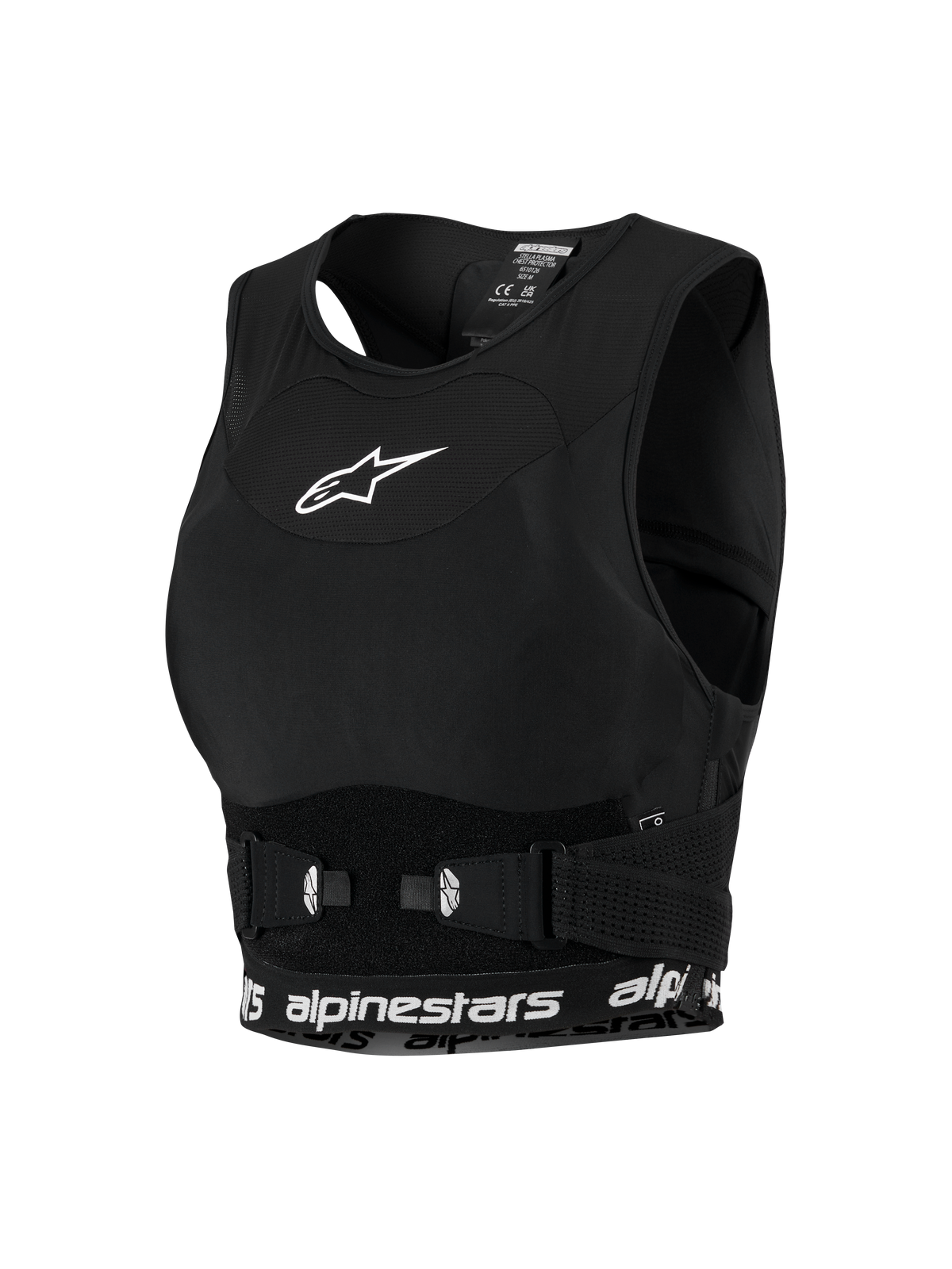 Alpinestars Stella Plasma borstbeschermer voor dames, motorcrossuitrusting, zwart met witte details, mesh chassis in sportbeha-stijl, wit ster-logo op de borst en onderband met merknaam, verstelbare zijgespen voor een stevige pasvorm