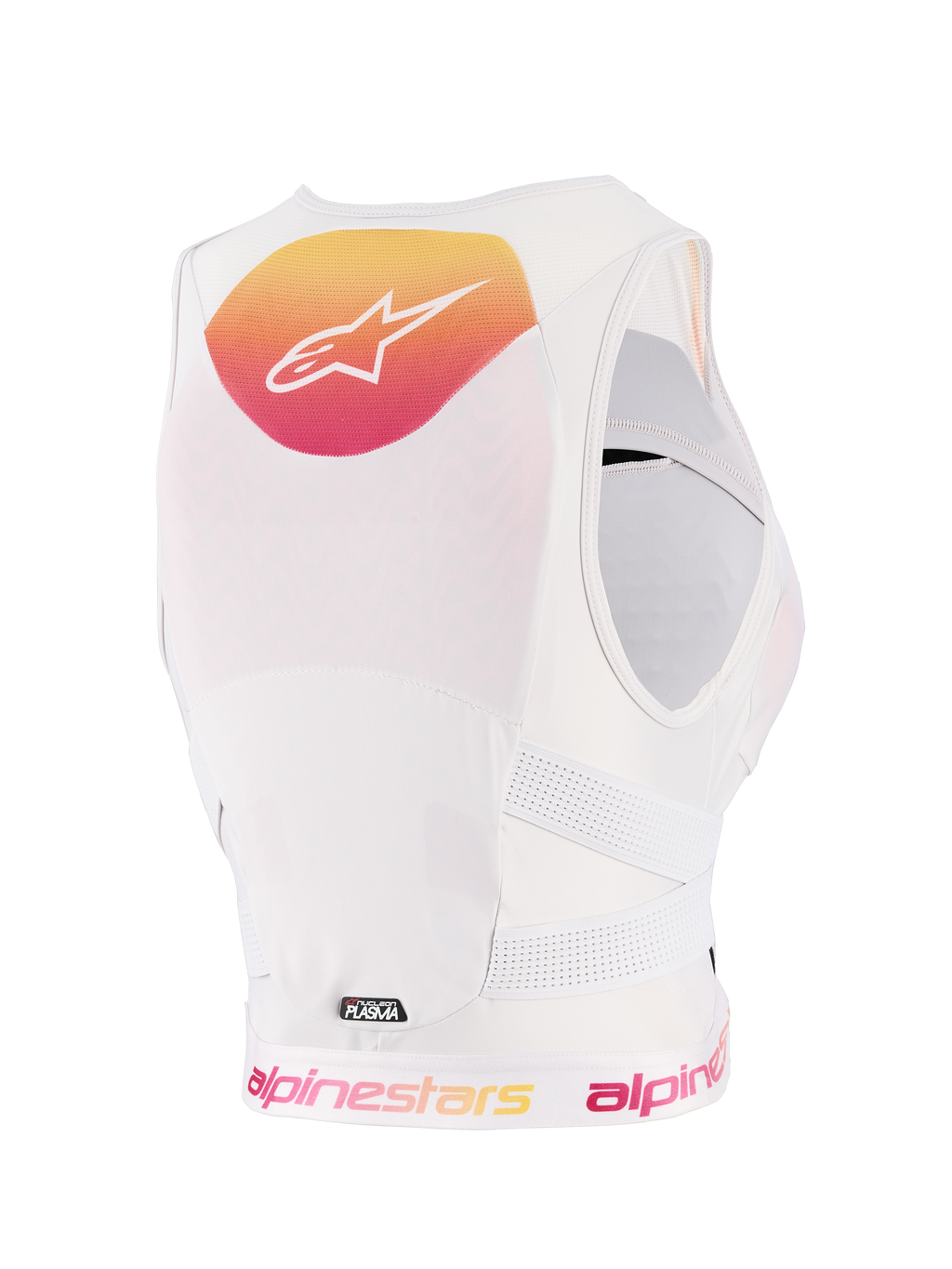 Alpinestars Woman Stella Plasma Borstbeschermer, Light Lilac Fade White, achteraanzicht met een geel en roze kleurverloop graphic en wit logo, witte ademende mesh-constructie en geperforeerde zijriemen voor off-road bescherming.