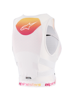 Alpinestars Woman Stella Plasma Borstbeschermer, Light Lilac Fade White, achteraanzicht met een geel en roze kleurverloop graphic en wit logo, witte ademende mesh-constructie en geperforeerde zijriemen voor off-road bescherming.
