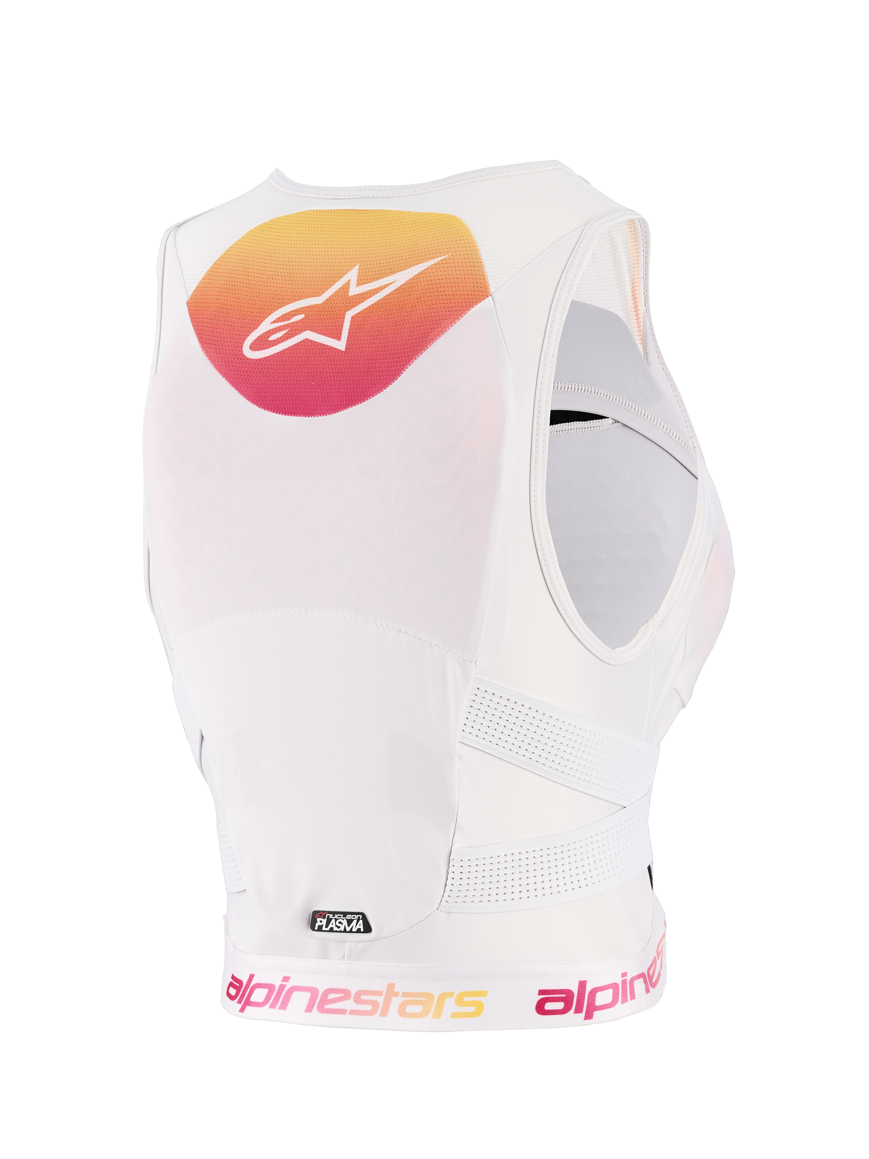 Alpinestars Woman Stella Plasma Borstbeschermer, Light Lilac Fade White, achteraanzicht met een geel en roze kleurverloop graphic en wit logo, witte ademende mesh-constructie en geperforeerde zijriemen voor off-road bescherming.