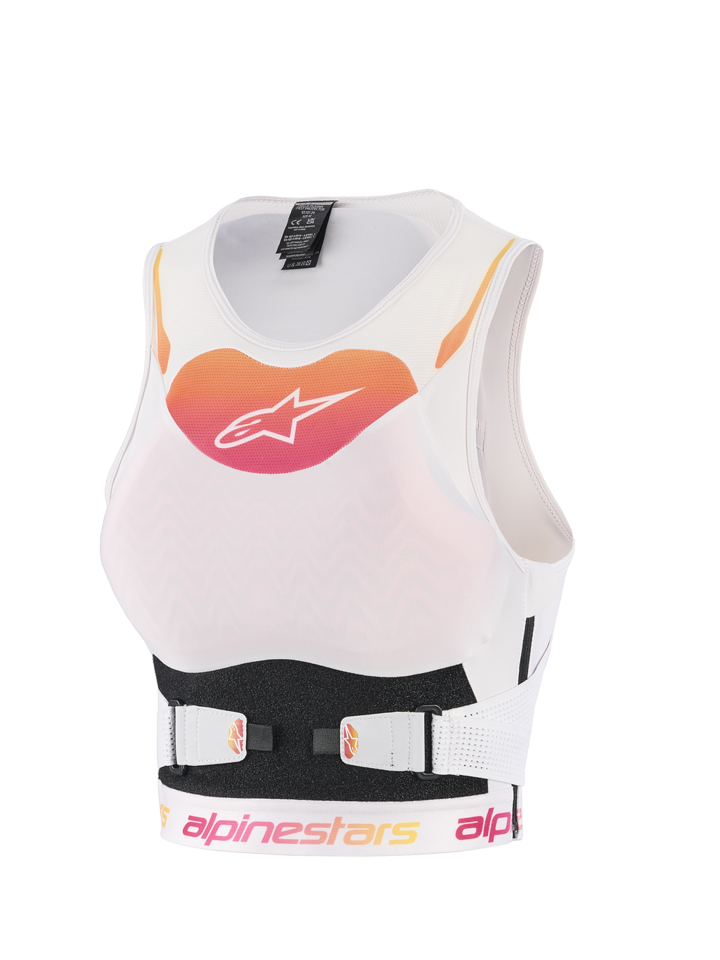 Alpinestars Stella Plasma borstbeschermer, dames motorcross-beschermvest, wit met oranje en roze verlooplogo, ademende mesh-constructie met verstelbare V-riembanden, ergonomische off-road lichaamsbescherming