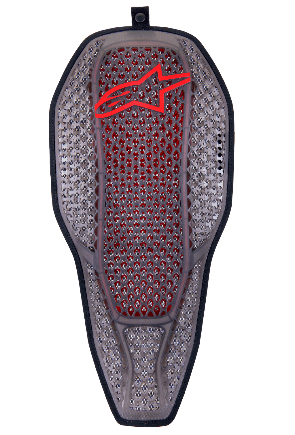 Alpinestars Nucleon Flex Proi Volledige Rugbeschermer Inzetstuk, Transparent Smoke Red, rookgrijze hexagonale celstructuur met rode binnenkern, rood Alpinestars-logo aan de bovenkant, ergonomische langwerpige schildvorm, sterk geventileerde motorbescherming