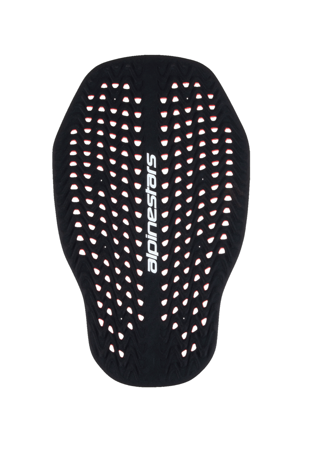 Alpinestars Nucleon Plasma Rugbeschermer Inzetstuk, zwarte en rode motorrugbeschermer, sterk geperforeerde honingraatstructuur voor ventilatie, verticaal wit Alpinestars-logo, lichtgewicht en aanpasbare Level 2 CE-gecertificeerde impactbescherming.