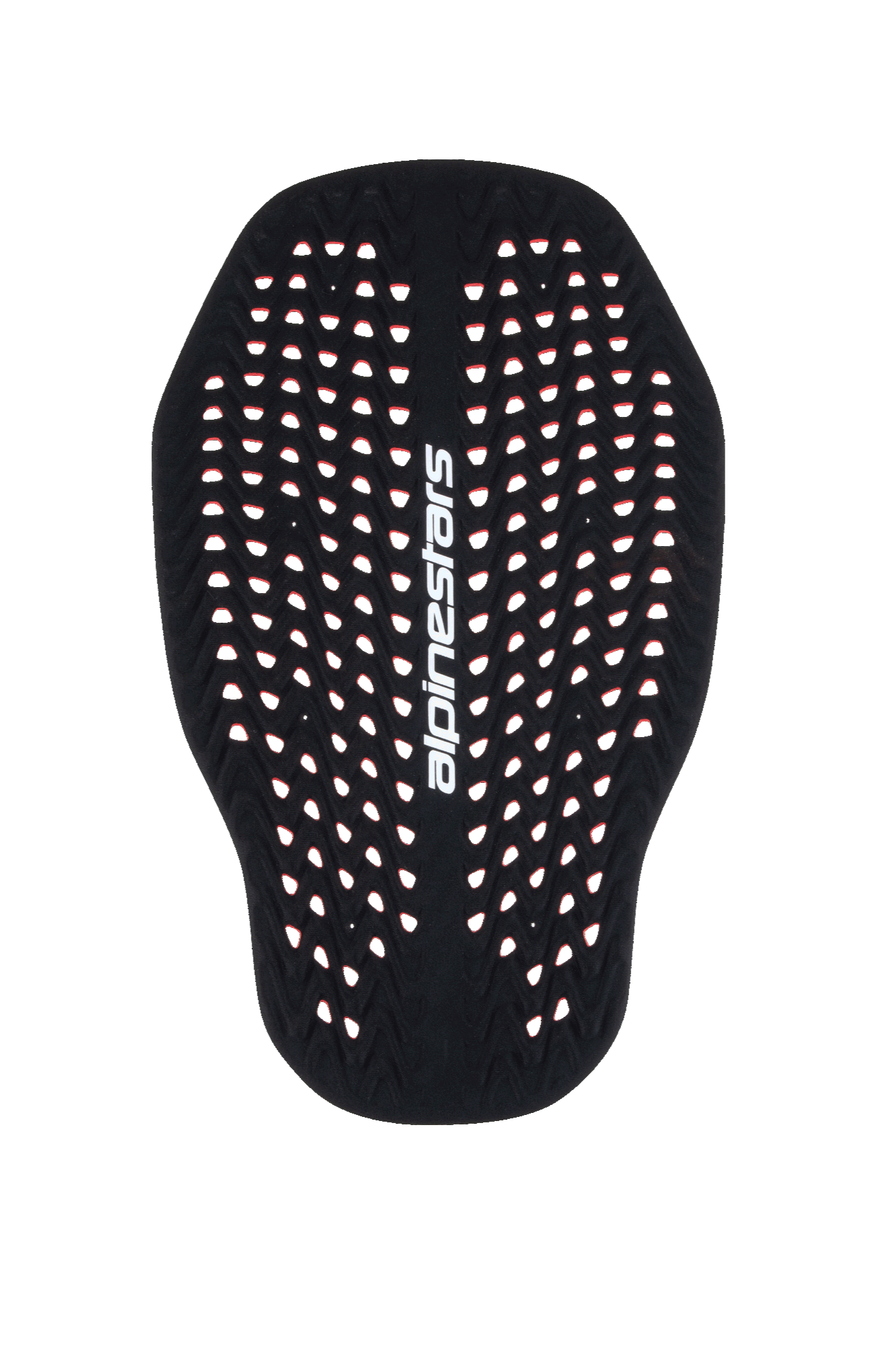 Alpinestars Nucleon Plasma Rugbeschermer Inzetstuk, zwarte en rode motorrugbeschermer, sterk geperforeerde honingraatstructuur voor ventilatie, verticaal wit Alpinestars-logo, lichtgewicht en aanpasbare Level 2 CE-gecertificeerde impactbescherming.